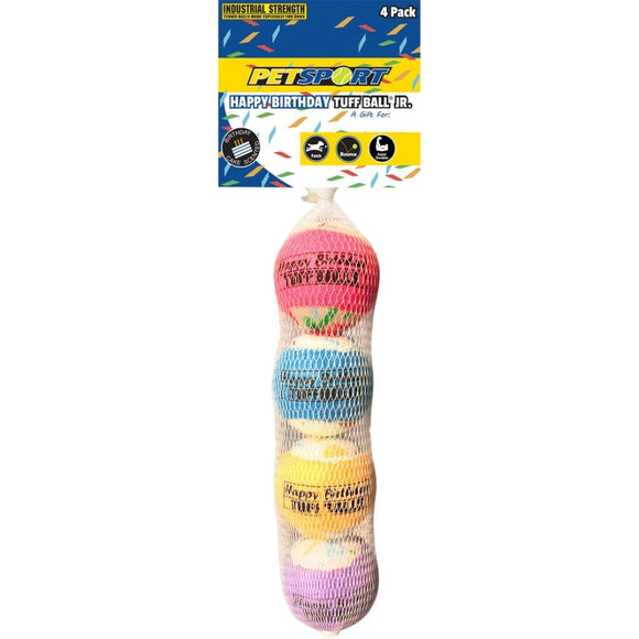 PETSPORT HAPPY BIRTHDAY JR TUFF BALLS (1.8 IN/4 PK, ASSORTED)